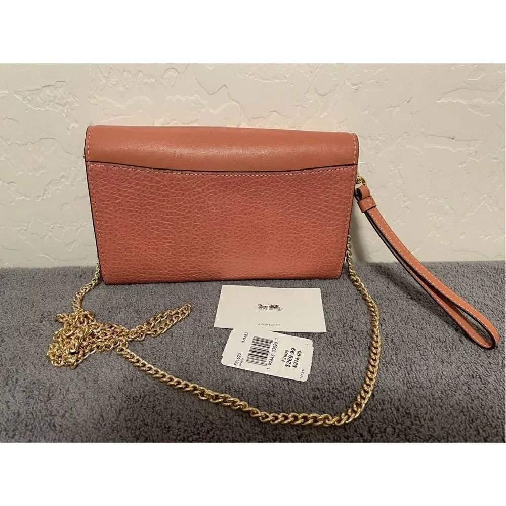 Coach Leather Chain Crossbody Melon/Gold Wristlet Clutch Handbag F31620 NWT